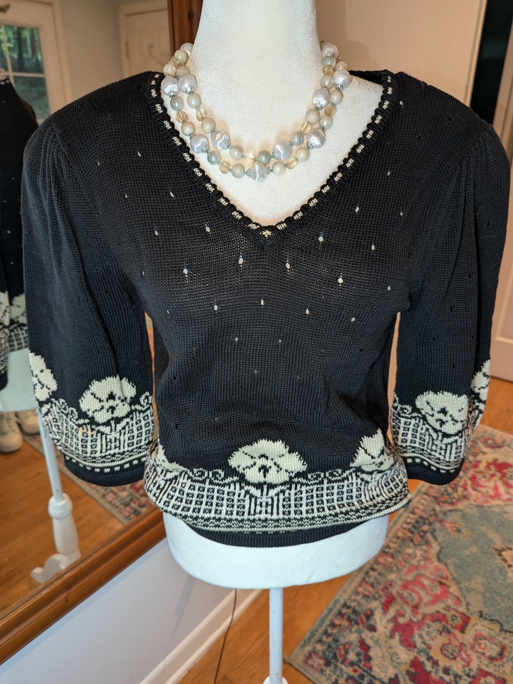Black V-Neck Knit Top with Cream Floral Border